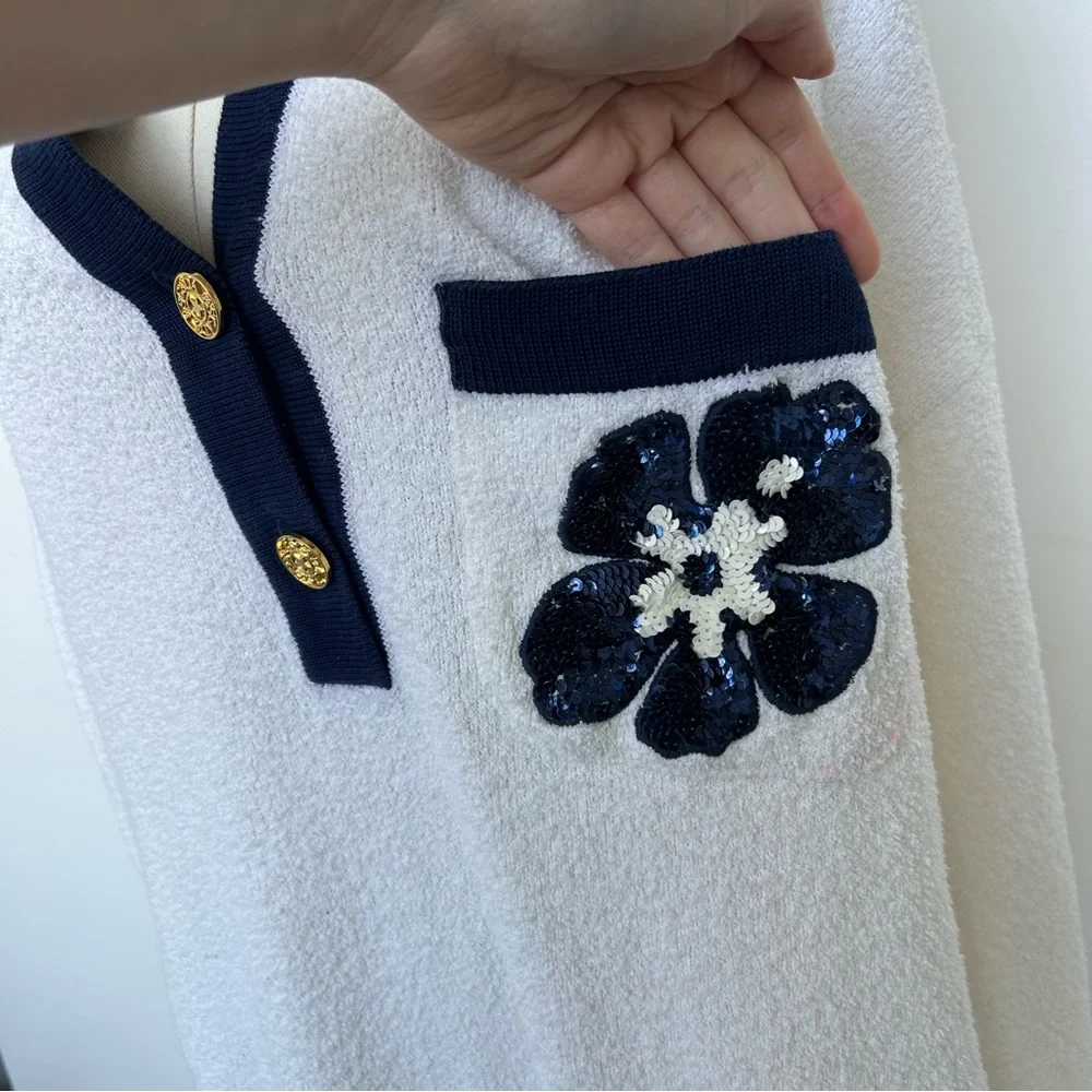 Vintage Escada White & Navy Terry Sequin Collar Button Up Long Sleeve Polo - Picture 8 of 16